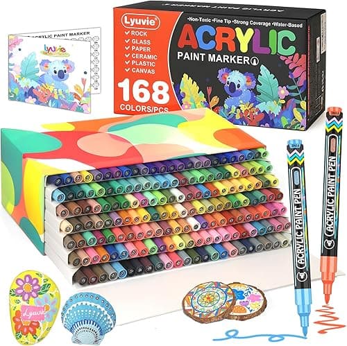 Lyuvie 168 Colours Acrylic Paint Pens, Water-Based Permanent Paint Markers with 0.7mm Extra Fine Tip,Acrylic Pens for Rock Painting Fabric Pebbles Glass Stone Metal Wood Ceramic