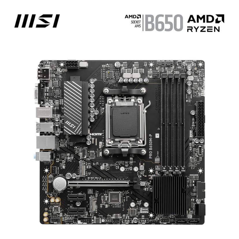 MSI PRO B650M-P Motherboard, Micro-ATX - Supports AMD Ryzen 9000/8000 / 7000 Series Processors, AM5 - DDR5 Memory Boost 6000+MHz/OC, 1 x PCIe 4.0 x16, 2 x M.2 Gen4, 2.5G LAN - 2