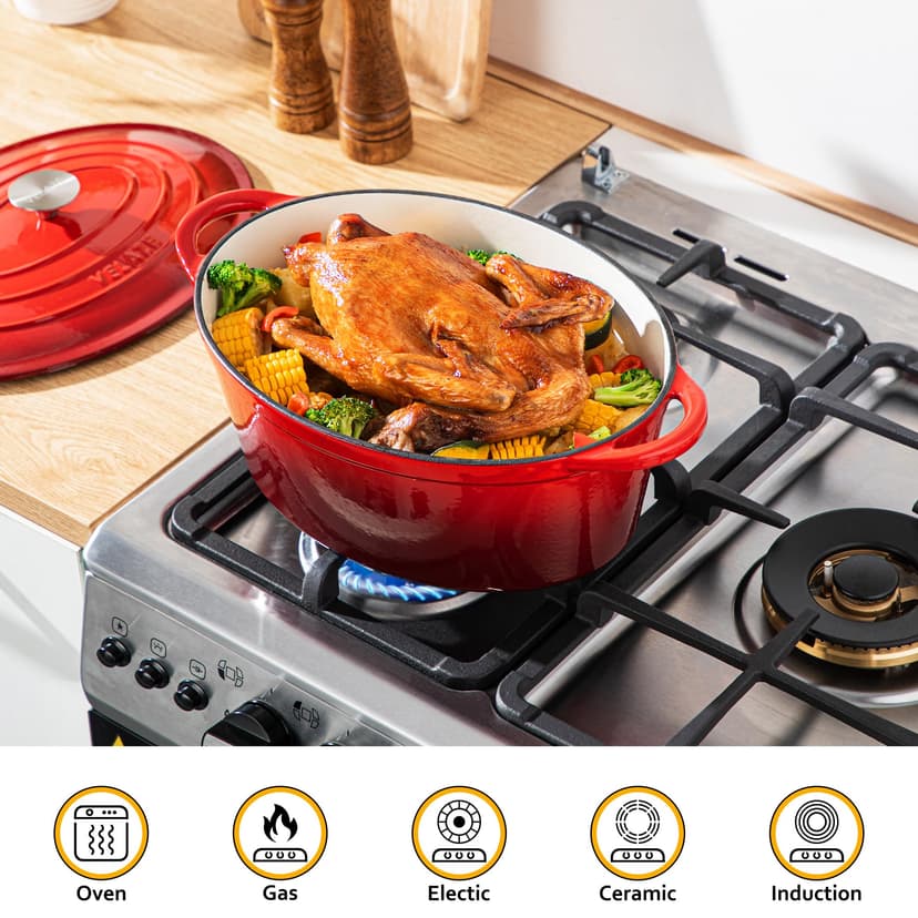 Velaze Enameled Cast Iron Casserole Dish with Lid, 250 ML Non-stick Round Enamel Cast Iron Dutch Oven, Mini Enamel Dutch Ovens Pot for All Heat Source - Classic Red - 6