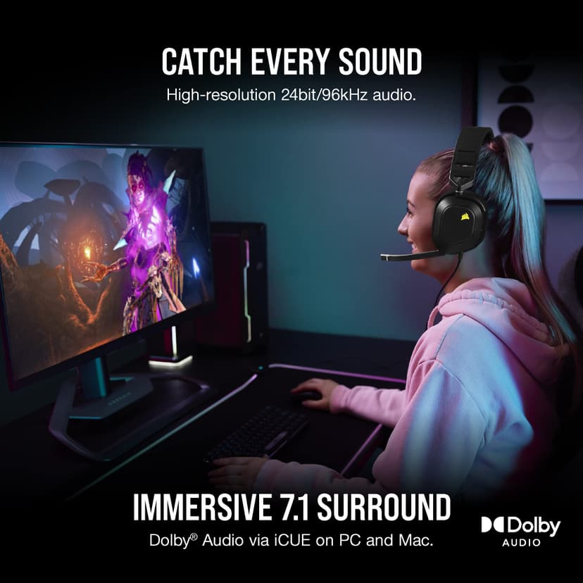 Corsair HS80 RGB USB Gaming Headset - Dolby 7.1 Surround Sound - Broadcast Quality Microphone - iCUE Compatible - PC - Black - 2