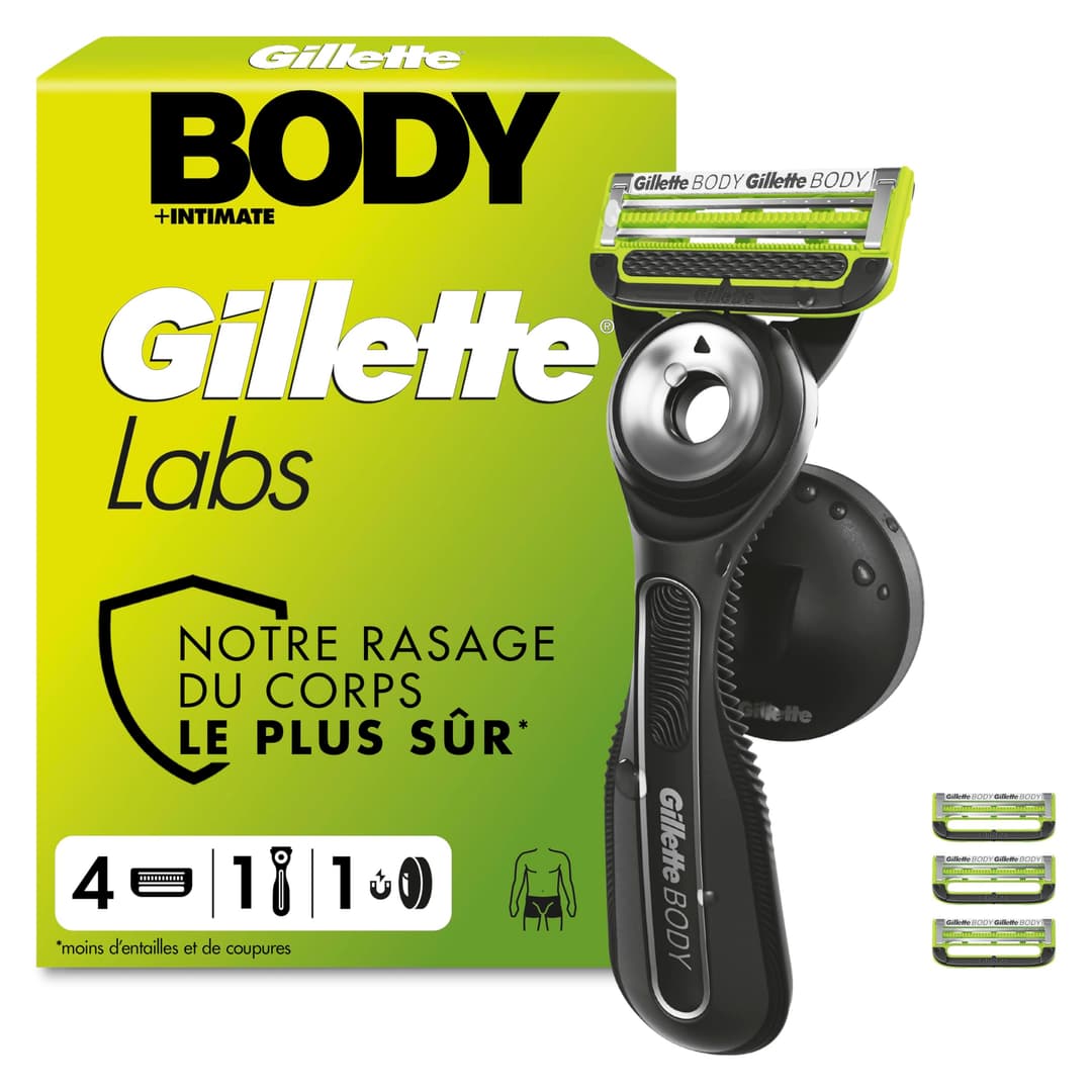 Gillette Labs Body + Intimate Rasoir Intime Homme, 4 Cartouches, Noir – Conçu pour le Rasage du Corps et du Pubis, Lames avec une Barre Anti-Poils Incarnés et Irritation, Manche Facile à Gripper