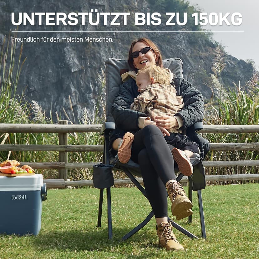 EVER ADVANCED Chaise de camping pliable avec dossier réglable en 4 positions jusqu'à 150 KG Chaise pliante 6 cm d'épaisseur Rembourrée avec poche latérale Porte-boissons Chaise de jardin avec dossier - 6