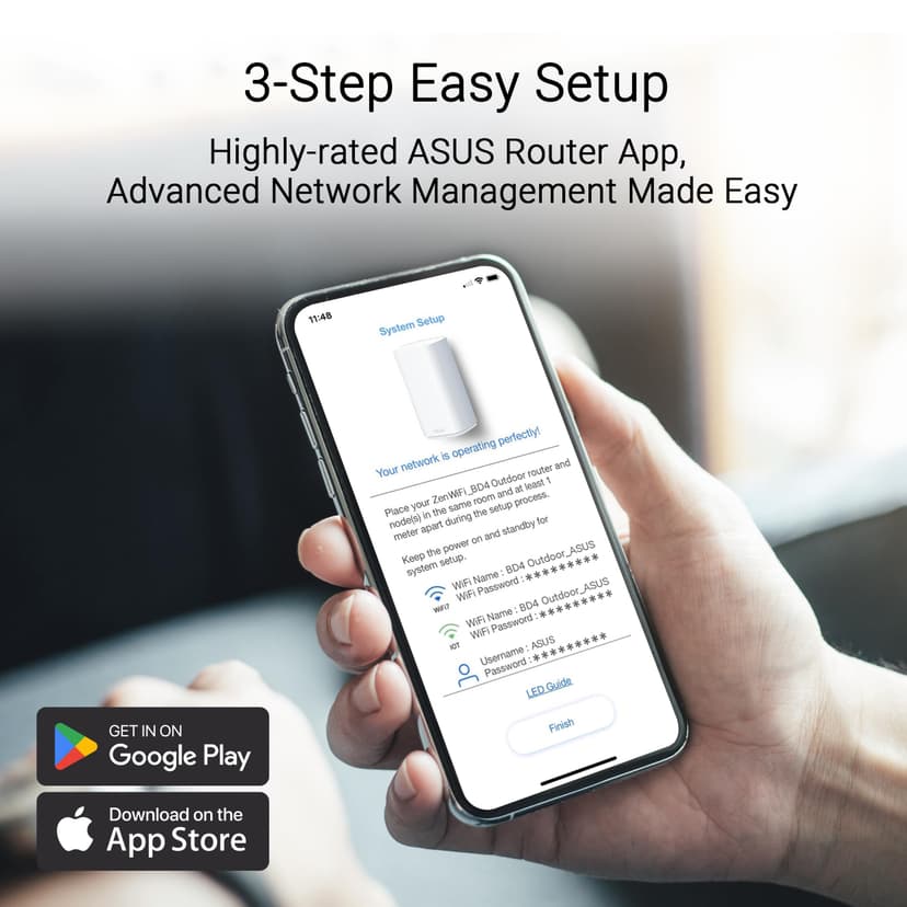 ASUS ZenWiFi BD4 Outdoor - Pack de 1 - Système WiFi 7 Mesh - Double-Bande, 3600 Mbps, 235m2, Double Ports 2,5G, Alimentation PoE, résistance IP65, jusqu'à 3 SSID, contrôle Parental et VPN - 9