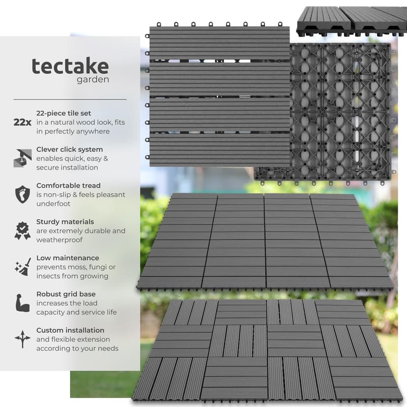 tectake® 22-Piece Decking Tile Set in Wooden Look, 31 x 31 cm per Tile, 2.1142m² Total Area, Easy Interlocking Click System, Non-Slip & Weather-Resistant WPC - Garden & Patio Decking Tiles - Grey - 2