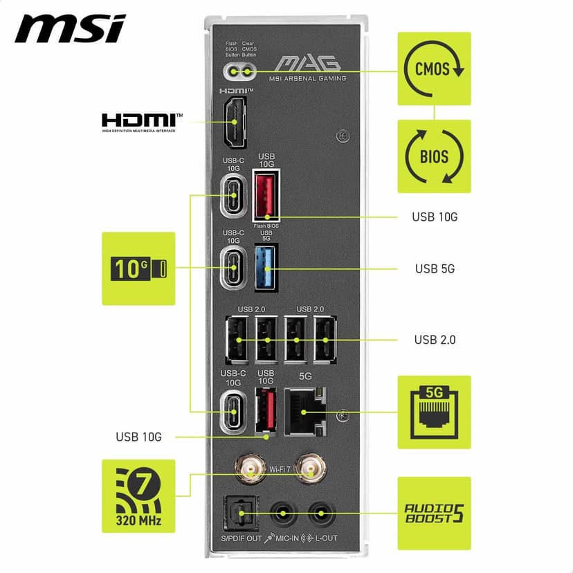 MSI MAG B850 TOMAHAWK MAX WIFI Motherboard, ATX - Supports AMD Ryzen 9000/8000 / 7000 Processors, AM5-80A SPS VRM, DDR5 Memory Boost 8400+ MT/s (OC), PCIe 5.0 x16, M.2 Gen5, Wi-Fi 7, 5G LAN - 6