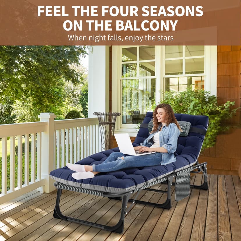 Folding Sunlounger Bed with Mattress, Adjustable Backrest, Side Pocket - Portable Guest Bed for Office Naps and Patio Use - 6