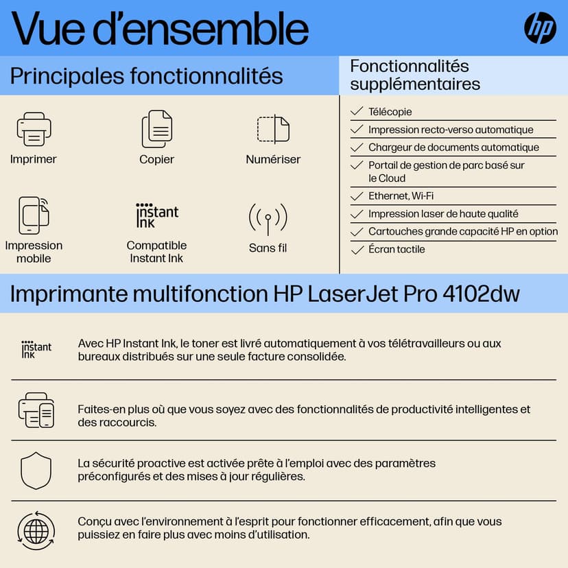 HP LaserJet Pro MFP 4102dw 2Z622F, Imprimante Multifonction A4, Impression Automatique Recto Verso, Noir et Blanc, 42 ppm, USB hôte, Wi-FI, Ethernet, ADF, Blanche - 2