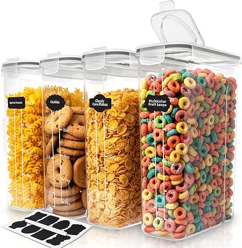 KICHLY Cereal & Dry Food Storage Container (Set of 4) – BPA Free Plastic – Airtight Kitchen Storage Containers – Cereal Dispenser for Kitchen & Pantry