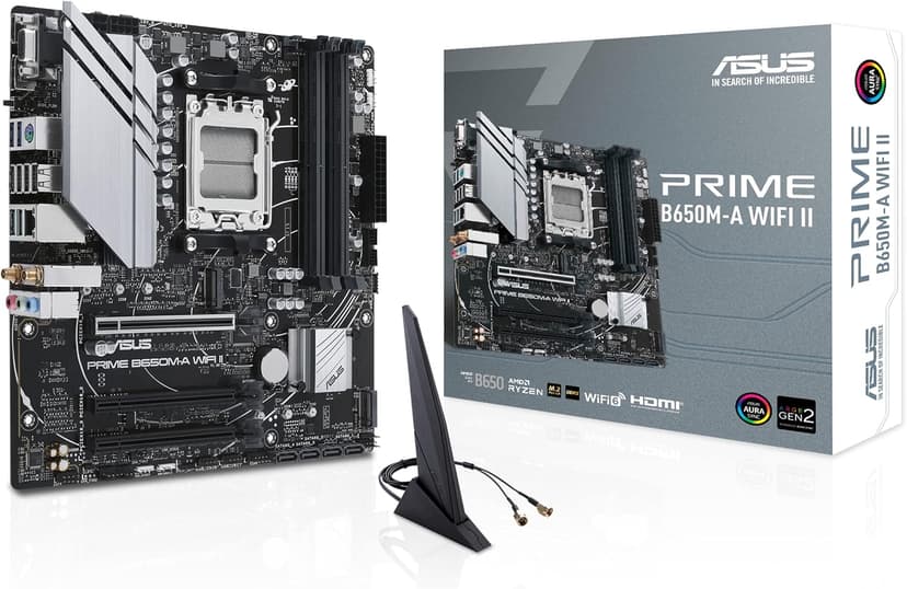 ASUS PRIME B650M-A WIFI II – Carte mère AMD Ryzen AM5 Micro-ATX (DDR5, PCIe 5.0 M.2 support, 2.5Gb Ethernet, Wi-Fi 6, DisplayPort, VGA, HDMI, SATA 6 Gbps, USB 3.2 Gen 2 ports, Arua Sync RGB) - 1
