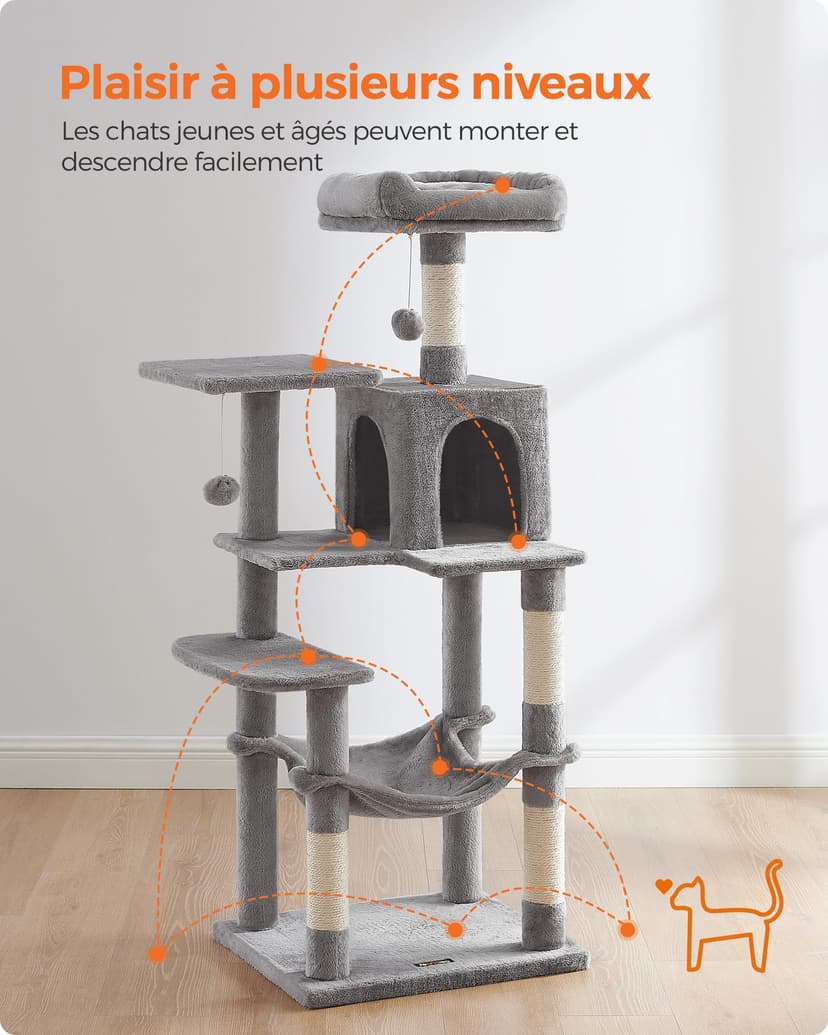 Feandrea Arbre à Chat Hauteur 143 cm, Tour de Jeux pour Chats, avec 4 Poteaux à Griffer, 2 Plateformes, 1 Niche, 1 Hamac, 2 Pompons, en Tissu Peluche, Multi-Niveaux, Gris Clair PCT161W01 - 3
