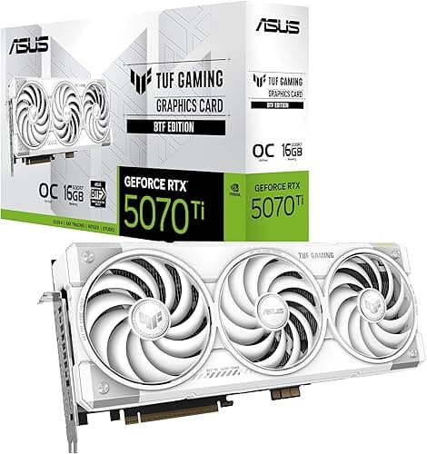 ASUS TUF Gaming GeForce RTX 5070 Ti 16GB GDDR7 BTF White OC Edition Graphics Card (NVIDIA DLSS 4, 3,125-Slot, PCIe 5.0, 3X DisplayPort 2.1b, 2X HDMI 2.1b, GC-HPWR, White, TUF-RTX5070TI-O16G-BTF-WHITE)