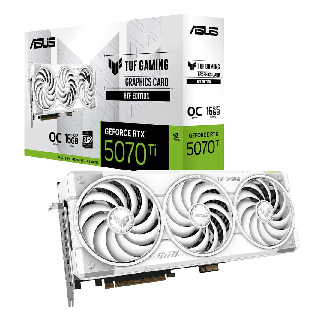ASUS TUF Gaming GeForce RTX 5070 Ti 16GB GDDR7 BTF White OC Edition Graphics Card (NVIDIA DLSS 4, 3,125-Slot, PCIe 5.0, 3X DisplayPort 2.1b, 2X HDMI 2.1b, GC-HPWR, White, TUF-RTX5070TI-O16G-BTF-WHITE)