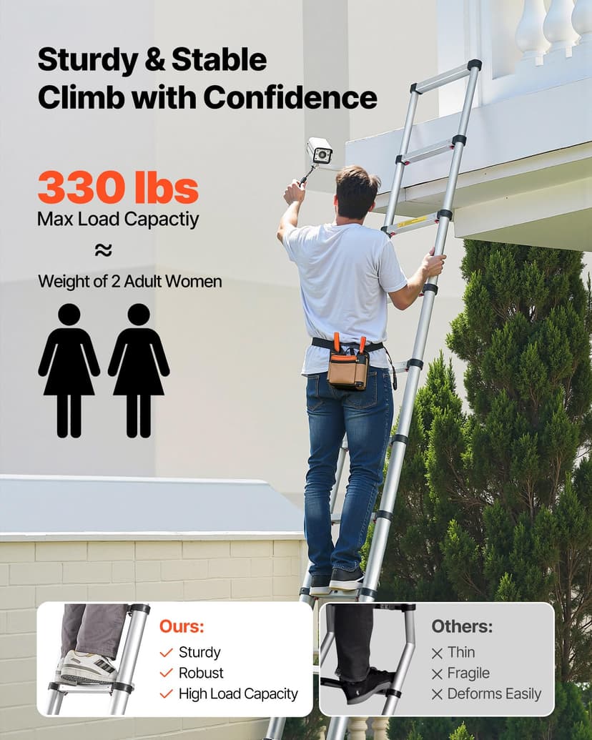 VEVOR 12.5ft Telescoping Ladder, Aluminum Lightweight Multi-Purpose Collapsible Extension, One-Touch Retraction Ladder, Heavy Duty 330LBS Max Capacity with Non-Slip Feet, for Home, Outdoor Work, Loft - 2