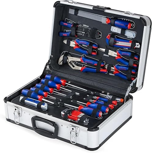 WORKPRO Caisse à Outils Complete Professionnelle avec Mallette en Aluminium, Boite à Outils Complete pour Réparation Dommestique ou de Travail 119 Pièces