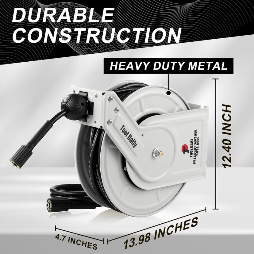 Tool Daily Retractable Pressure Washer Hose Reel, Power Washer Hose Reel 60 FT x 1/4”, Heavy Duty High Pressure Hose Reel 3600 PSI, Wall/Floor Mounted - 5