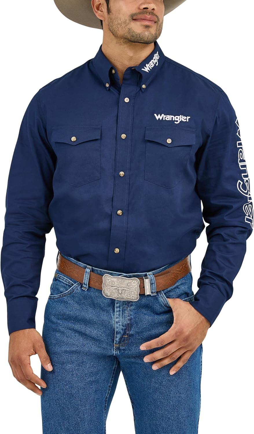 Wrangler Men's Western Logo Two Pocket Long Sleeve Button…