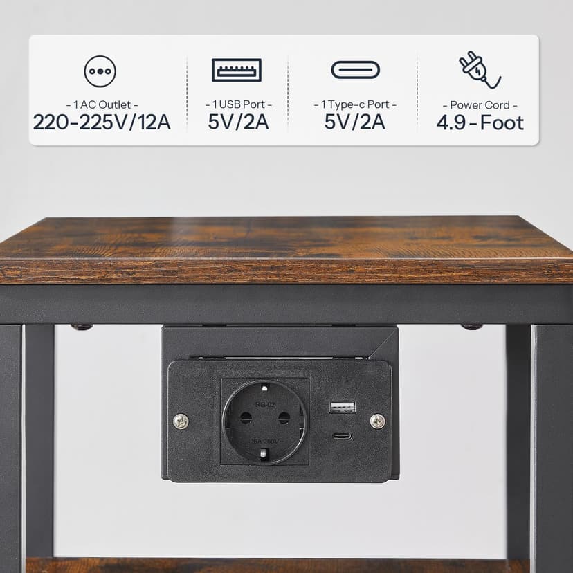 HOOBRO Table d’Appoint en C avec Multiprise (1 AC, 1 USB-A, 1 Type-C) et 1 Tiroir, Table de Chevet, avec 4 roulettes et 4 Pieds Réglables, pour Chambre, Salon, Marron Rustique et Noir EBF79CSF01 - 5