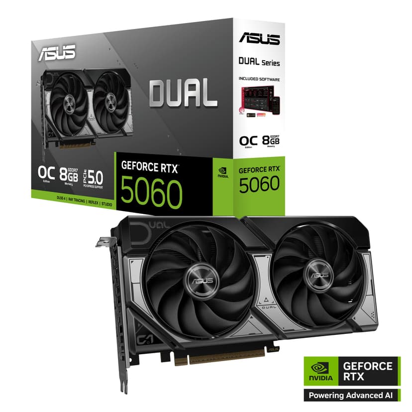 ASUS Dual GeForce RTX 5060 8GB GDDR7 OC Edition (PCIe 5.0, 8GB GDDR7, DLSS 4, HDMI 2.1b, DisplayPort 2.1b, 2.5 slot design, Axial tech fan design, 0dB technology, and more) - 2
