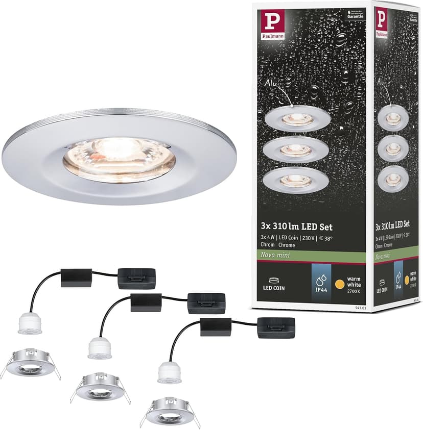 Paulmann 94303 LED Nova mini Spots encastrés Coin rond fixe incl. 3x4 watts Spot encastré pour plafond Chrome Lampe encastrée aluminium Blanc chaud 2700 K - 1