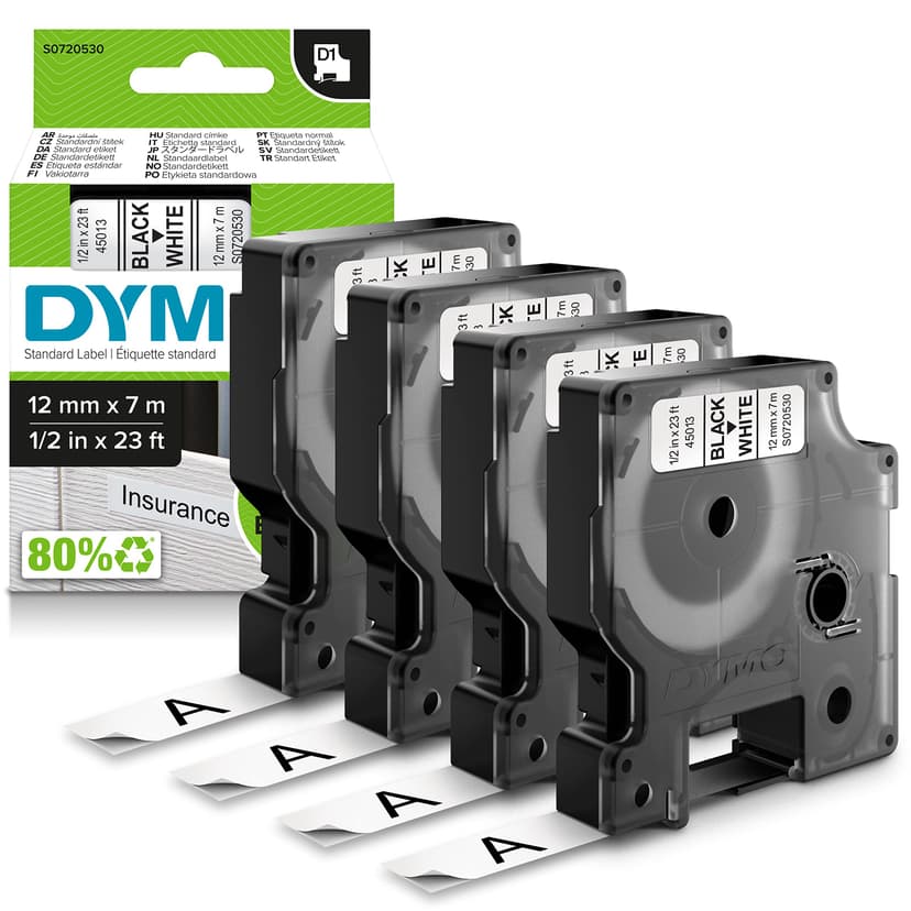 DYMO Authentic D1 Labels | Black Print on White | 12mm x 7m | Self-Adhesive Labels for LabelManager Label Printers | 4 Count - 1