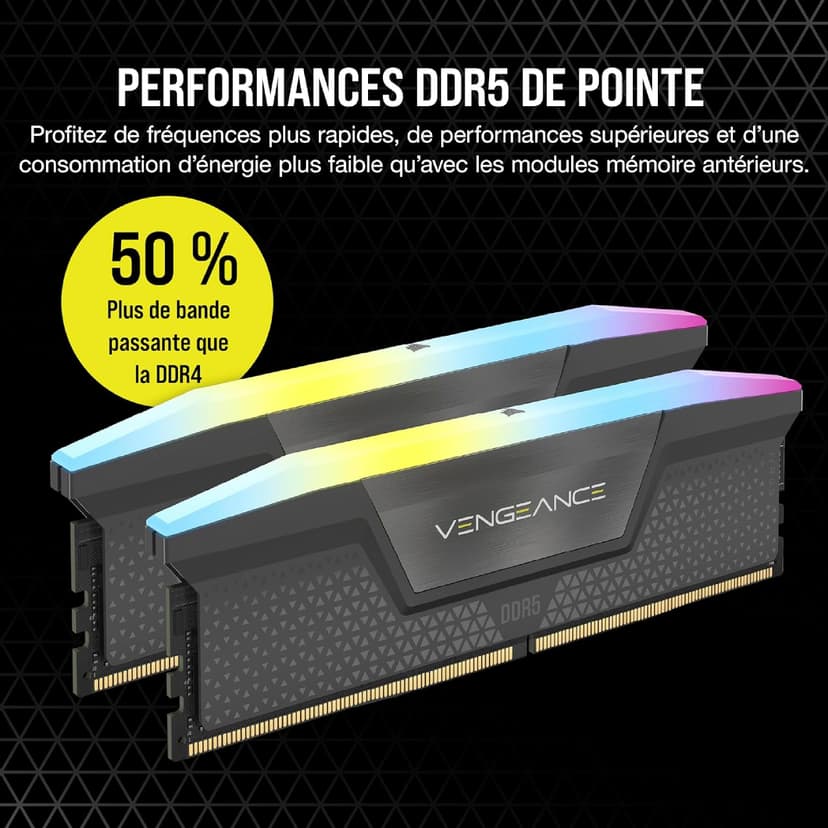 CORSAIR VENGEANCE RGB DDR5 32Go (2x16Go) DDR5 6000MHz CL30 AMD EXPO Intel XMP iCUE Mémoire Informatique Compatible - Gris (CMH32GX5M2B6000Z30K) - 3