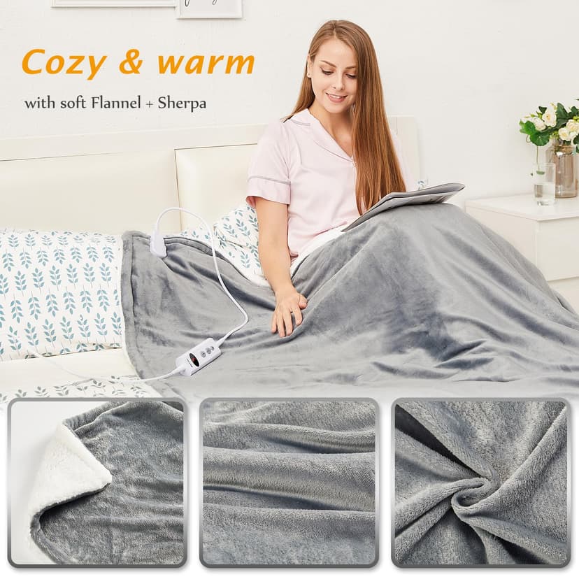 Mia&Coco Electric Heated Blanket Throw Flannel Sherpa Fast Heating 120x160cm, 10 Heat Levels & Up-to-9-Hours Auto-Off Timer & LED Display, for Home Office Use, Machine Washable, ETL Certified, Gray - 4