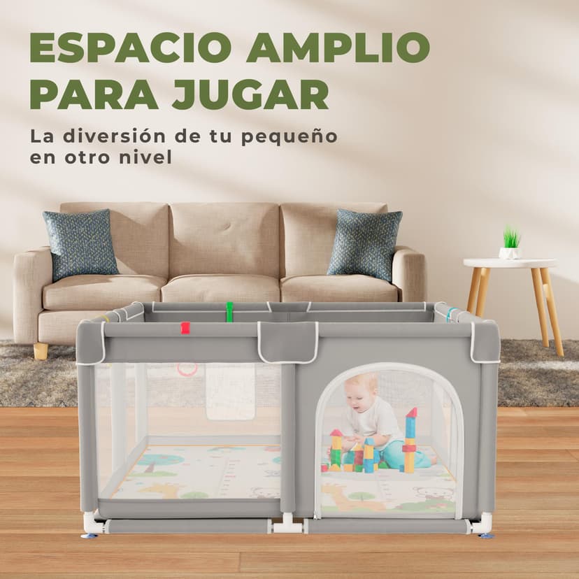 JUPPLIES Parc Bébé Sécurisé avec Tapis 120×120 cm – Aire de Jeu Carrée pour Enfant 6–24 mois, Filet Respirant 360°, Structure Stable Antidérapante, 2 Poignées Incluses - 7