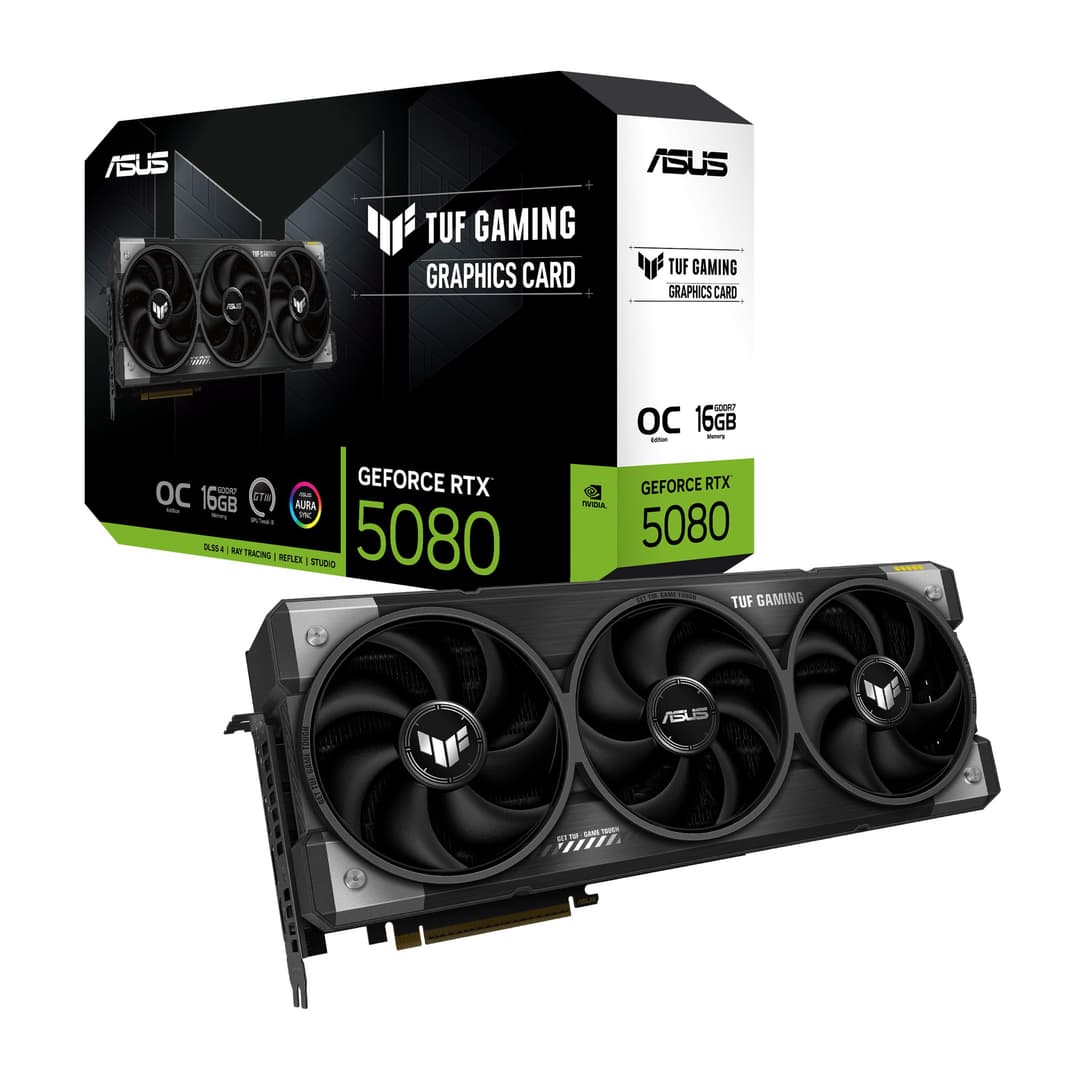 ASUS TUF Gaming GeForce RTX 5080 16GB GDDR7 OC Edition Gaming Graphics Card (PCIe 5.0, HDMI/DP 2.1, 3.6-slot, military-grade components, protective PCB coating, axial-tech fans, vapor chamber)