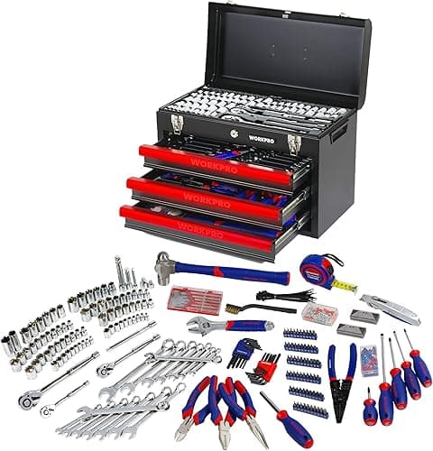 WORKPRO 408-Piece Mechanics Tool Set, Chrome Vanadium Forged Tools, 3-Drawer Heavy Duty Metal Box