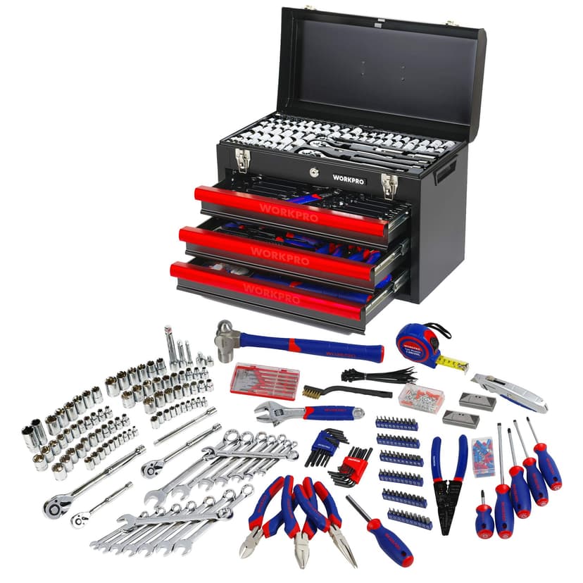WORKPRO 408-Piece Mechanics Tool Set, Chrome Vanadium Forged Tools, 3-Drawer Heavy Duty Metal Box - 1