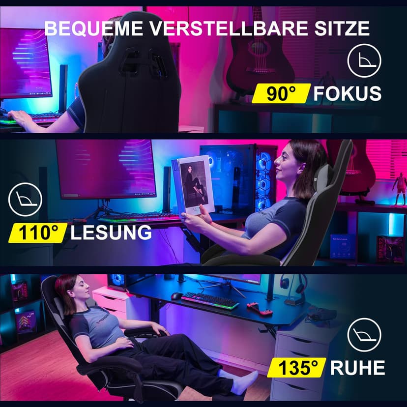 GTPLAYER Chaise de Gaming en Tissu - Ergonomique - avec Repose-Pieds - Appuie-tête - Coussin Lombaire - Rembourré - Pivotant, Supporte 150 kg, Gris - 6