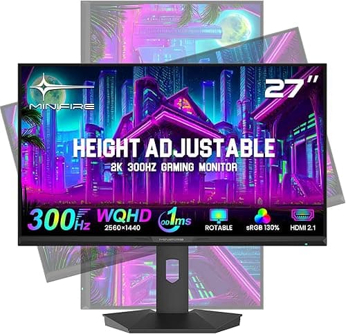 Minifire 27 inch Gaming Monitor, 2560x1440 WQHD 300Hz IPS Panel, DCI-P3 90%, sRGB130%, HDR400, 1ms, Adaptive Sync, Vertical Horizontal Rotation,Tilt Adjustable, DP1.4&HDMI2.1, VESA Mount, MFG27F6Pro