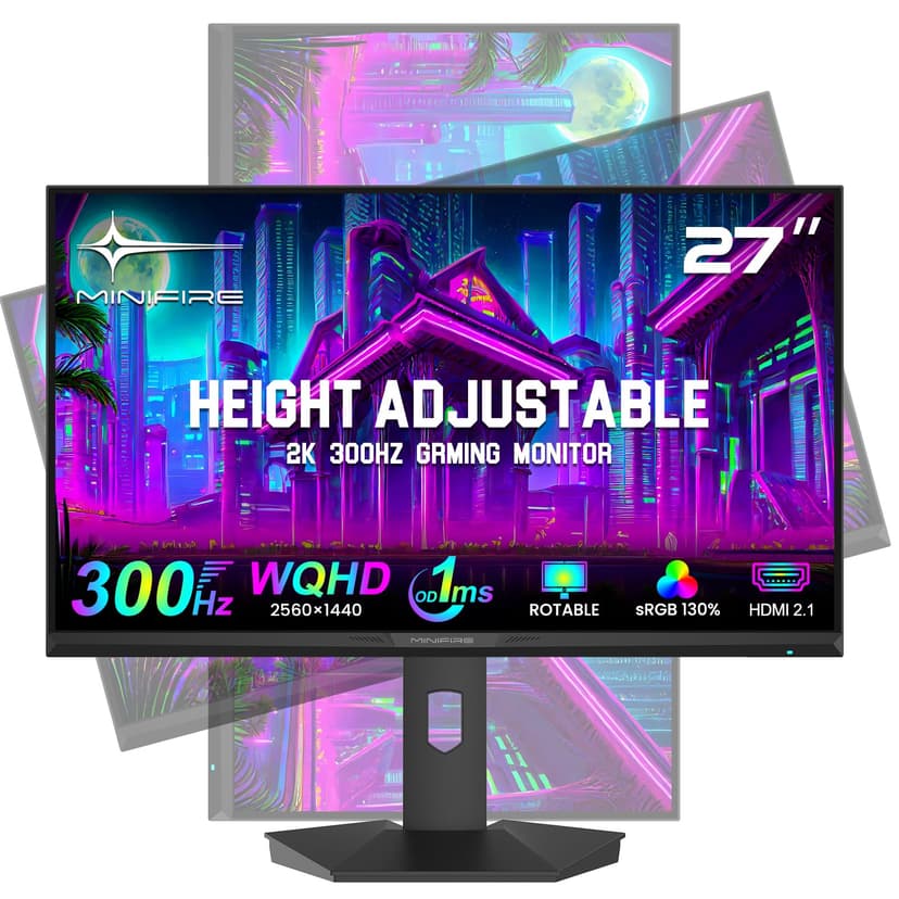 Minifire 27 inch Gaming Monitor, 2560x1440 WQHD 300Hz IPS Panel, DCI-P3 90%, sRGB130%, HDR400, 1ms, Adaptive Sync, Vertical Horizontal Rotation,Tilt Adjustable, DP1.4&HDMI2.1, VESA Mount, MFG27F6Pro - 1