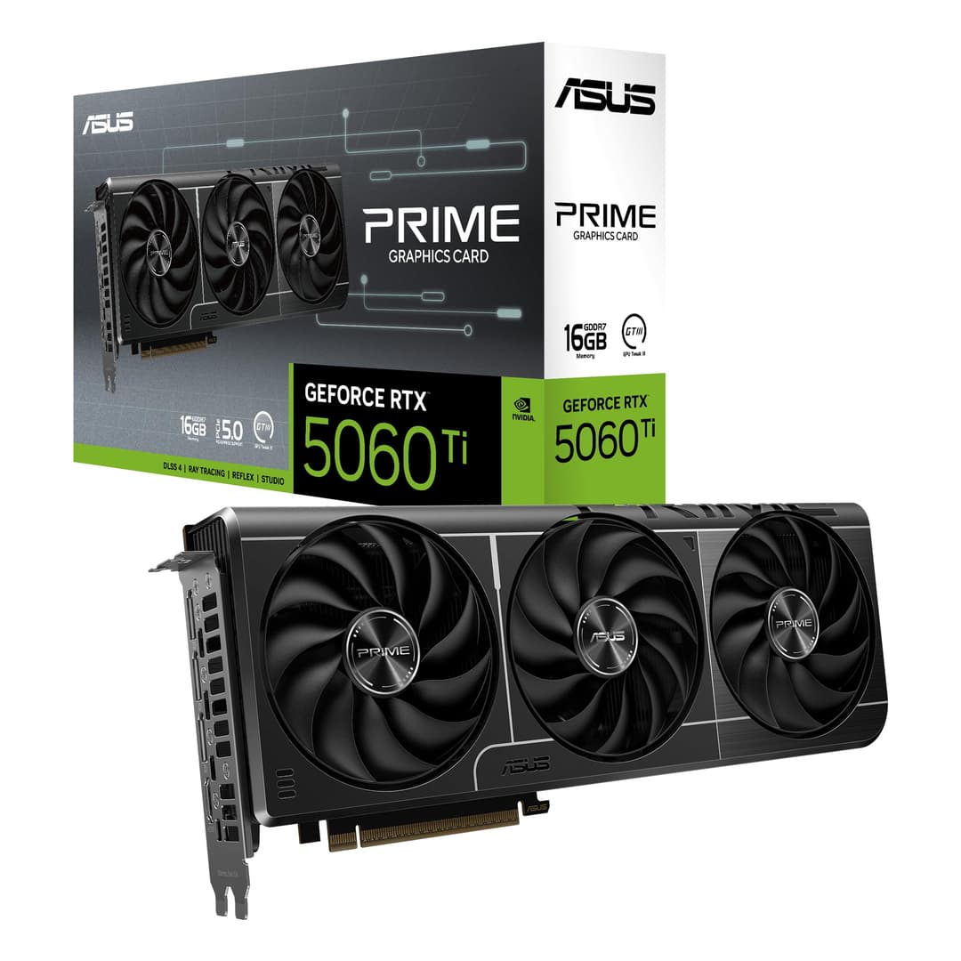 ASUS The SFF-Ready Prime GeForce RTX™ 5060 Ti 16GB GDDR7 Graphics Card (PCIe® 5.0, 16GB GDDR7, HDMI®/DP 2.1, 2.5-Slot, Axial-tech Fans, Dual BIOS)