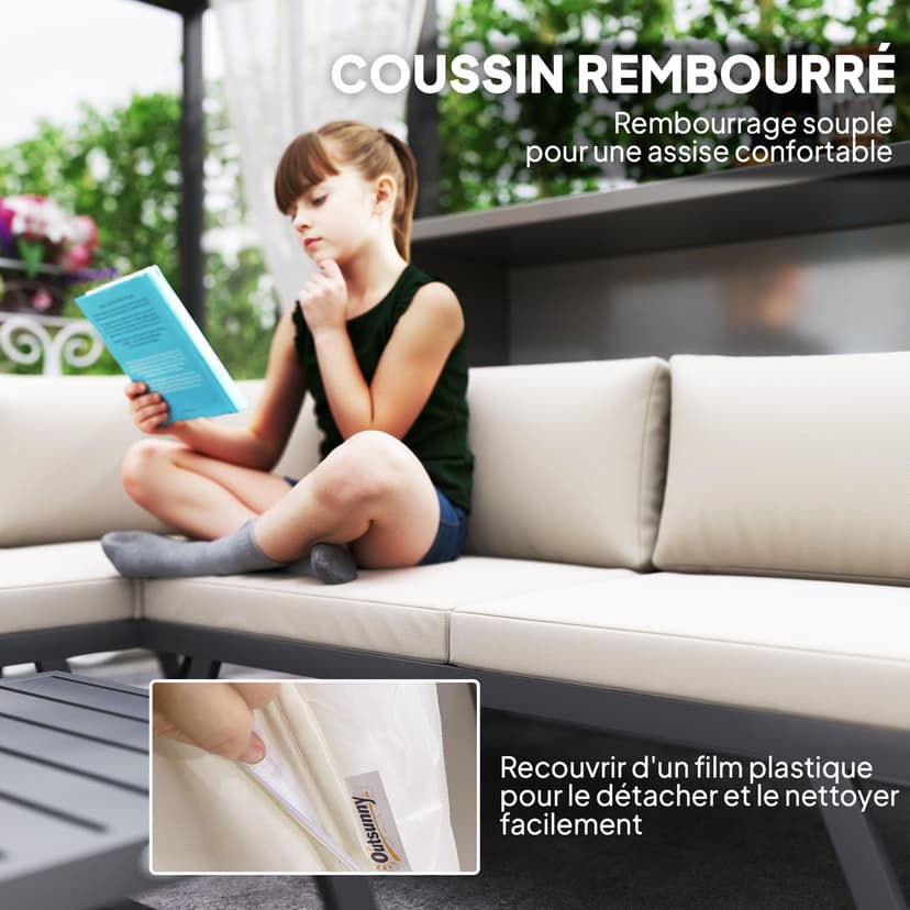 Outsunny Salon de Jardin extérieur d'angle et Convertible 4 pièces avec 2 banquettes, 1 Fauteuil d'angle et 1 Table Basse, Aluminium et Acier mobilier de Jardin pour Balcon terrasse, Beige - 4