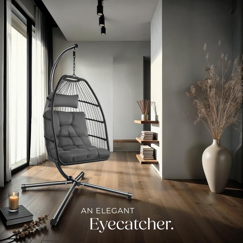 tectake® Luxurious Egg Chair with Stand, Thick Cushions, Polyrattan Weave, Rotatable & Height-Adjustable, Steel Frame, Incl. Protective Cover - Ideal Hammock Chair for Garden, Patio & Balcony - Grey - 9