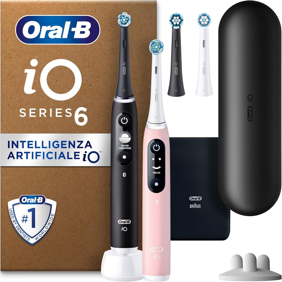 Oral-B iO Series 6 Plus Edition Duopack Electric Toothbrush, Travel Case, Recyclable Packaging, Black Lava/Pink Sand