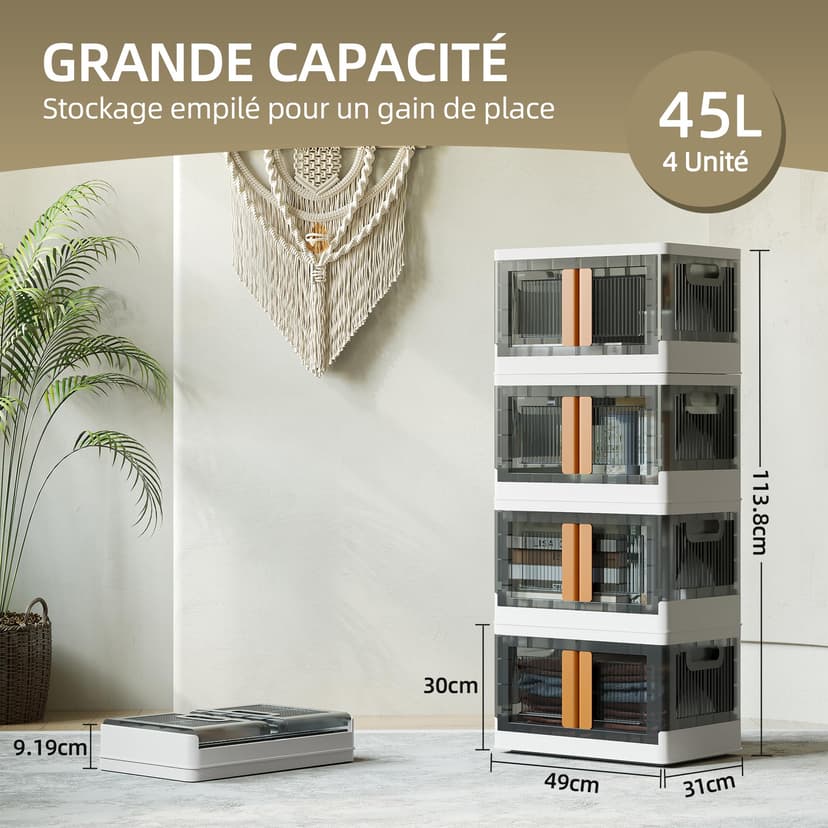 NETEL 4x 45L Empilable Boîte de Rangement avec Couvercle et Verrouillable Porte, Pliable Bac de Rangement Plastique avec Roulettes, Grande Caisse Rangement Organisateur pour Cuisine, Salon et Chambre - 2