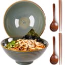 NUTRIUPS Lot de 2 bols à ramen en céramique de 1200 ml avec baguettes et cuillères, grand bol à soupe de 20 cm, vert mer profond - 1