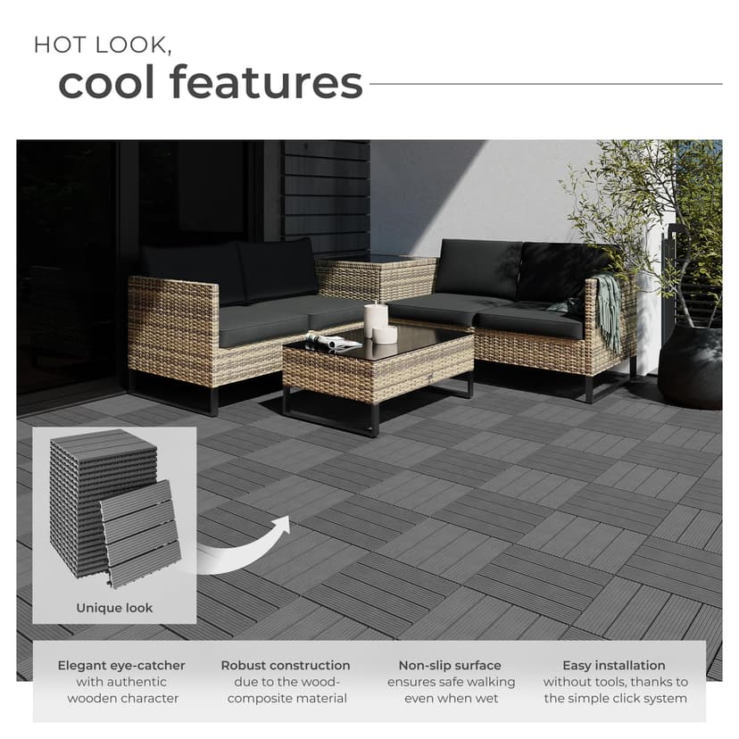 tectake® 22-Piece Decking Tile Set in Wooden Look, 31 x 31 cm per Tile, 2.1142m² Total Area, Easy Interlocking Click System, Non-Slip & Weather-Resistant WPC - Garden & Patio Decking Tiles - Grey - 3