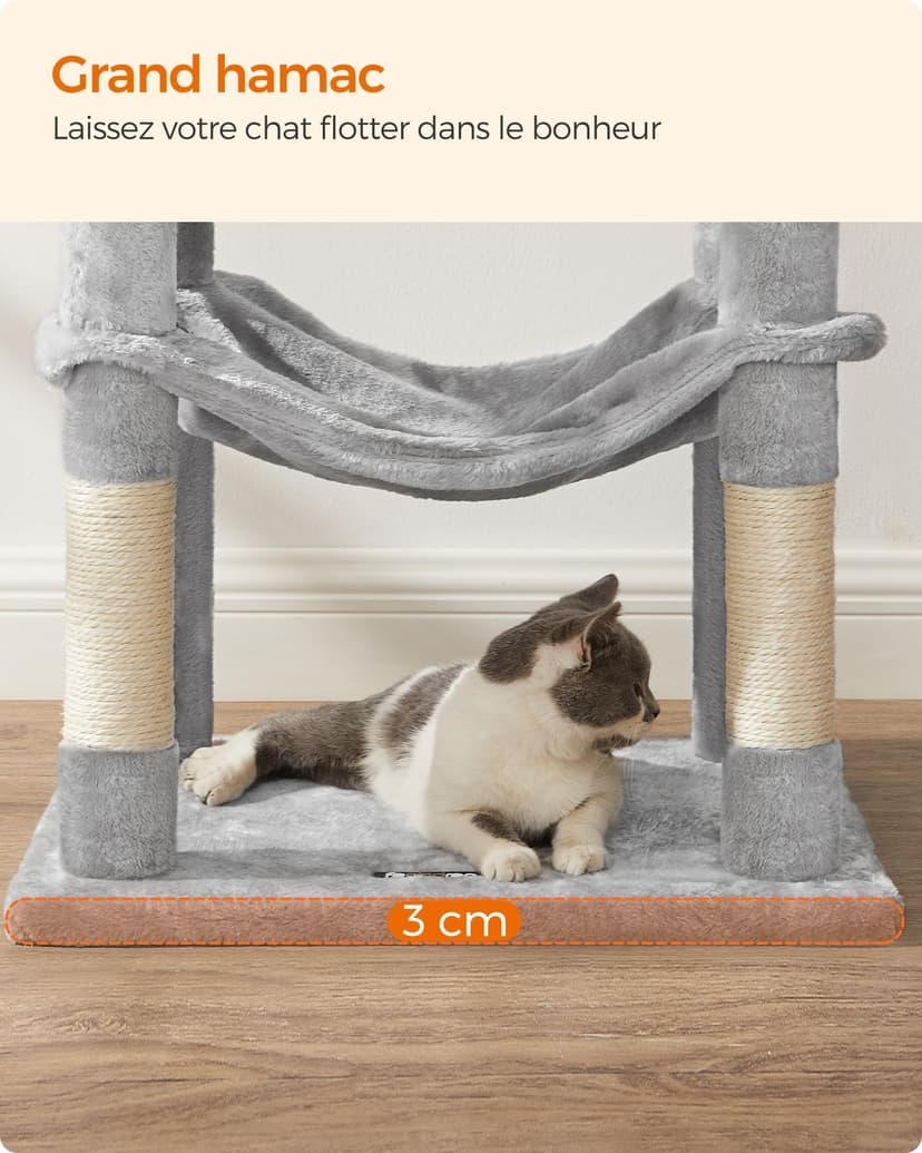 Feandrea Arbre à Chat Hauteur 143 cm, Tour de Jeux pour Chats, avec 4 Poteaux à Griffer, 2 Plateformes, 1 Niche, 1 Hamac, 2 Pompons, en Tissu Peluche, Multi-Niveaux, Gris Clair PCT161W01 - 9