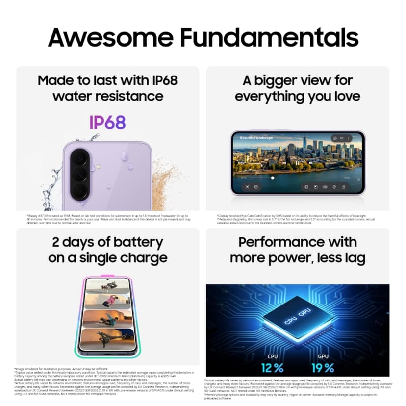 Samsung Galaxy A37 5G (Awesome Lavender, 8 Go de RAM, 256 Go de stockage), IA agentique, triple caméra avec vidéo de nightographie, autonomie de 2 jours, mises à niveau du système d'exploitation 6 - 6