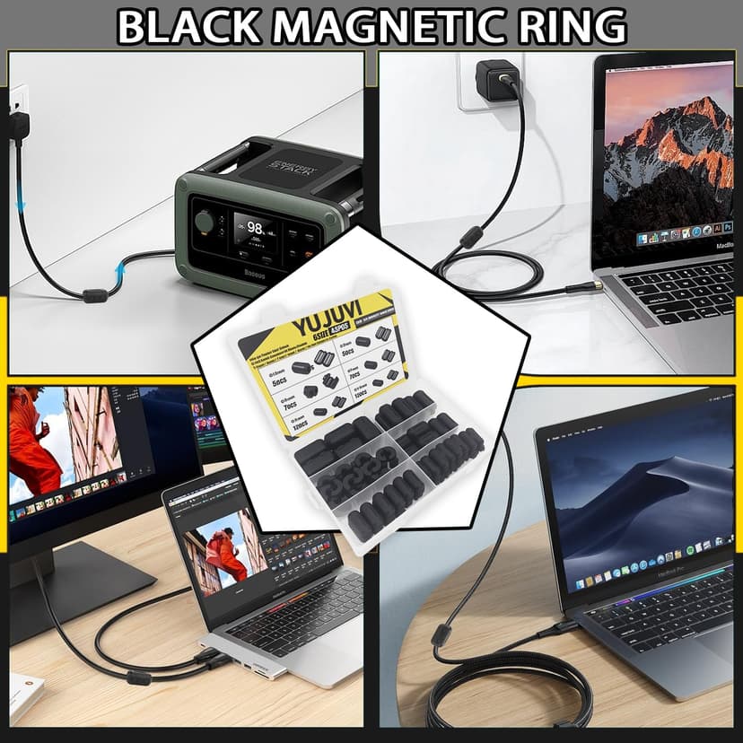 YUJUVI Ferrite Ring Core Black Clip-on Ferrite Core EMI 6 Valeurs 48 Pcs Ferrite Antiparasite Magnétique Core Clip-on Ferrite Anneau Noyau RFI EMI pour 3.5mm -13mm Diamètre Câble HDMI e USB - 8