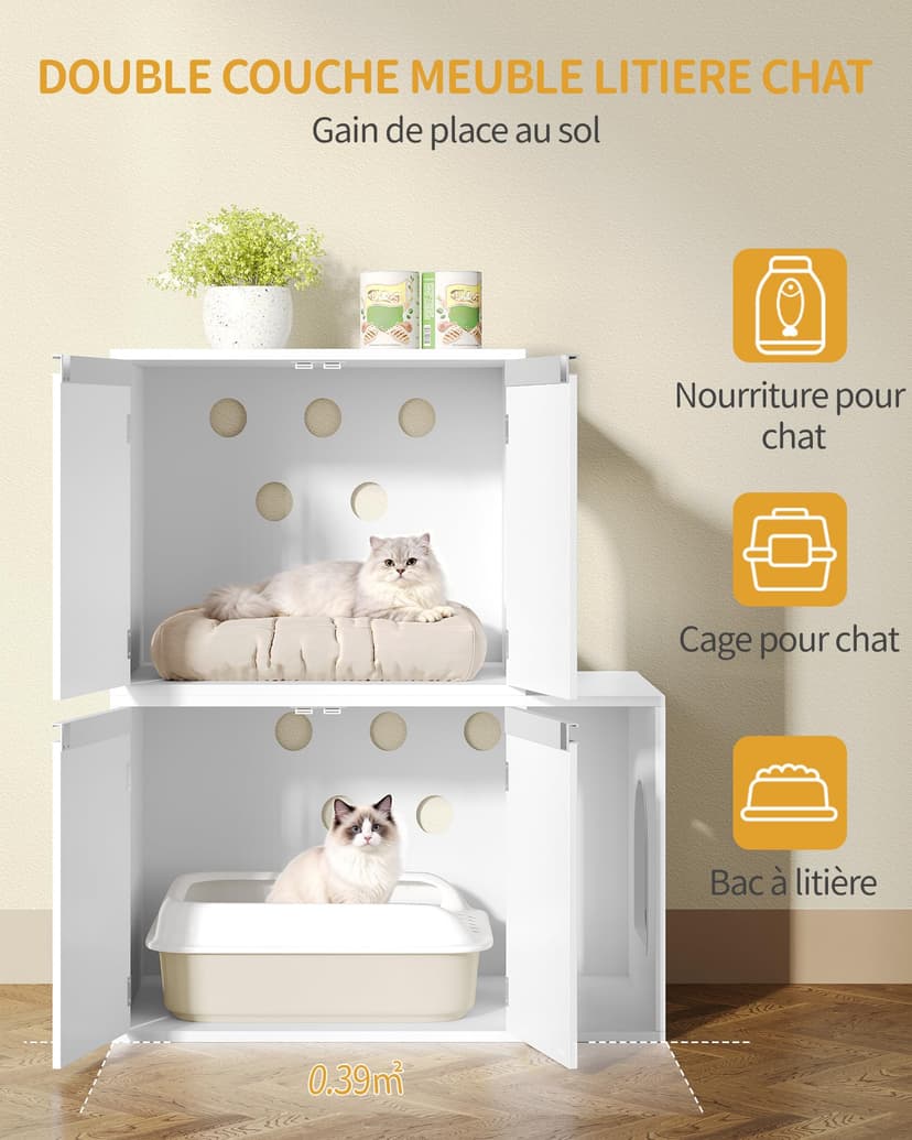Hzuaneri Cat Litter Box Enclosure for 2 Cats, Hidden Litter Box Furniture Cabinet, Double Layer Indoor Cat House, Can be Used as TV Cabinet, 140 x 48.3 x 48 cm, White CB65603X - 8