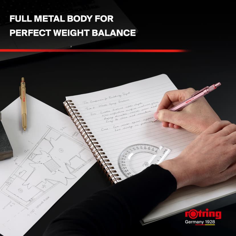 rOtring 600 Portemine | Mine HB0,5 mm | Portemine entièrement métallique | Or Rose | Prise crantée antidérapante et corps hexagonal - 2