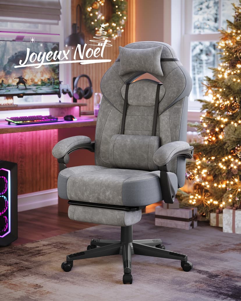SONGMICS Chaise de Jeu, Chaise d'Ordinateur, Ergonomique, avec Repose-Pieds, Coussin de Tête Ajustable, Support Lombaire, Capacité de Charge de 150 kg, Gris Ardoise OBG077G01 - 2