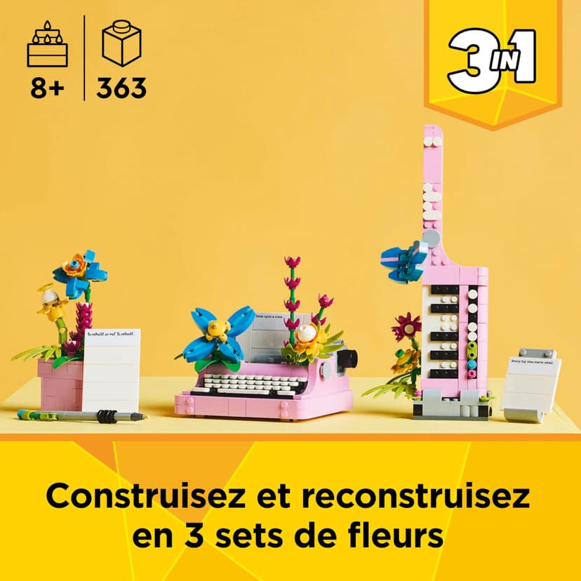 LEGO Creator 3-en-1 La Machine à Écrire avec des Fleurs - Jouet de Construction Se Transformant en Maquette de Keytar ou en Pot de Fleurs - Cadeau d'anniversaire Original Fille ou Garçon 8 Ans 31169 - 2