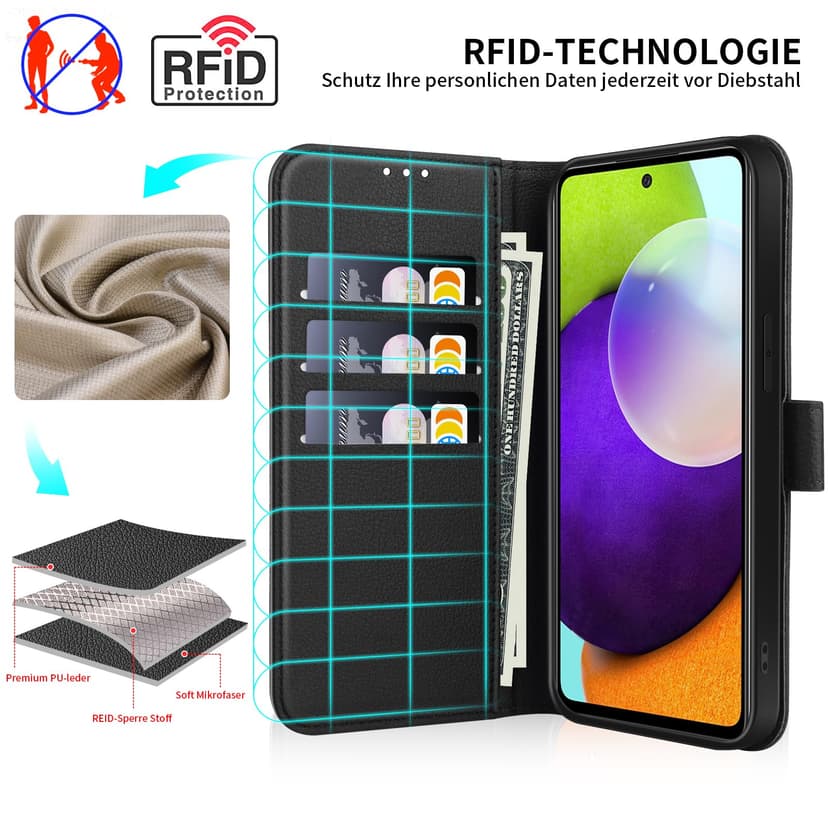 UITUIM Coque pour Samsung Galaxy A52 5G / A52s 5G / A52 4G Coque Etui Portefeuille Cuir avec Verre Trempé Protection Écran Porte Carte Rabat Clapet Flip Case Étui Cover Housse Etui Coque,Noir - 3