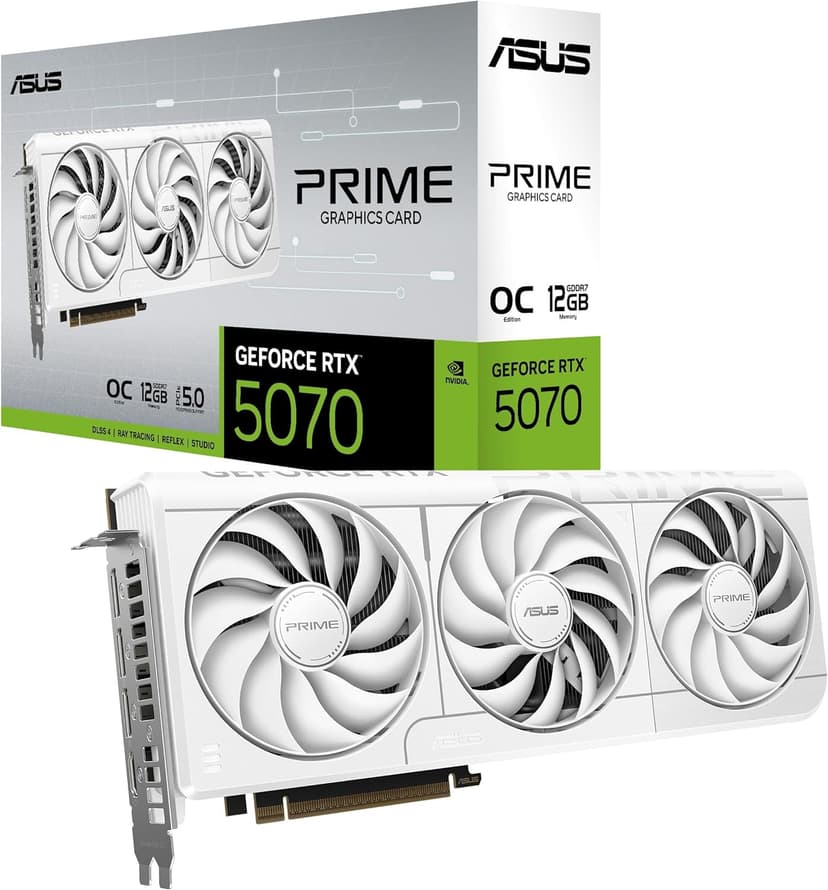 ASUS PRIME NVIDIA GeForce RTX 5070 OC Edition, 12GB GDDR7, 192 Bit, PCIe 5.0, 2.5 Slot Design, 3 Axial-Tech Fans, 1 HDMI 2.1, 3 DisplayPort 2.1, White, PRIME-RTX5070-O12G-WHITE - 1