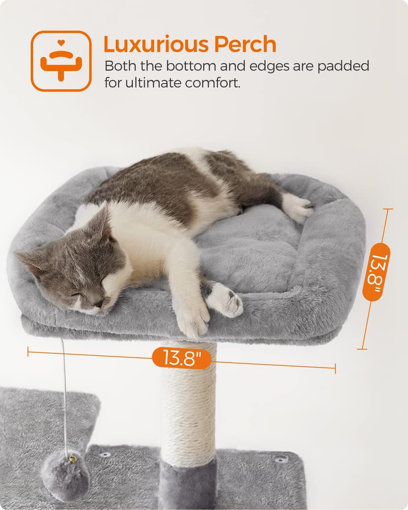 Feandrea Cat Tree Tower, 143 cm Multi-Level Plush Cat Condo with 4 Scratching Posts, 2 Perches, Cave, Hammock, Pompoms, Light Grey PCT161W01 - 4